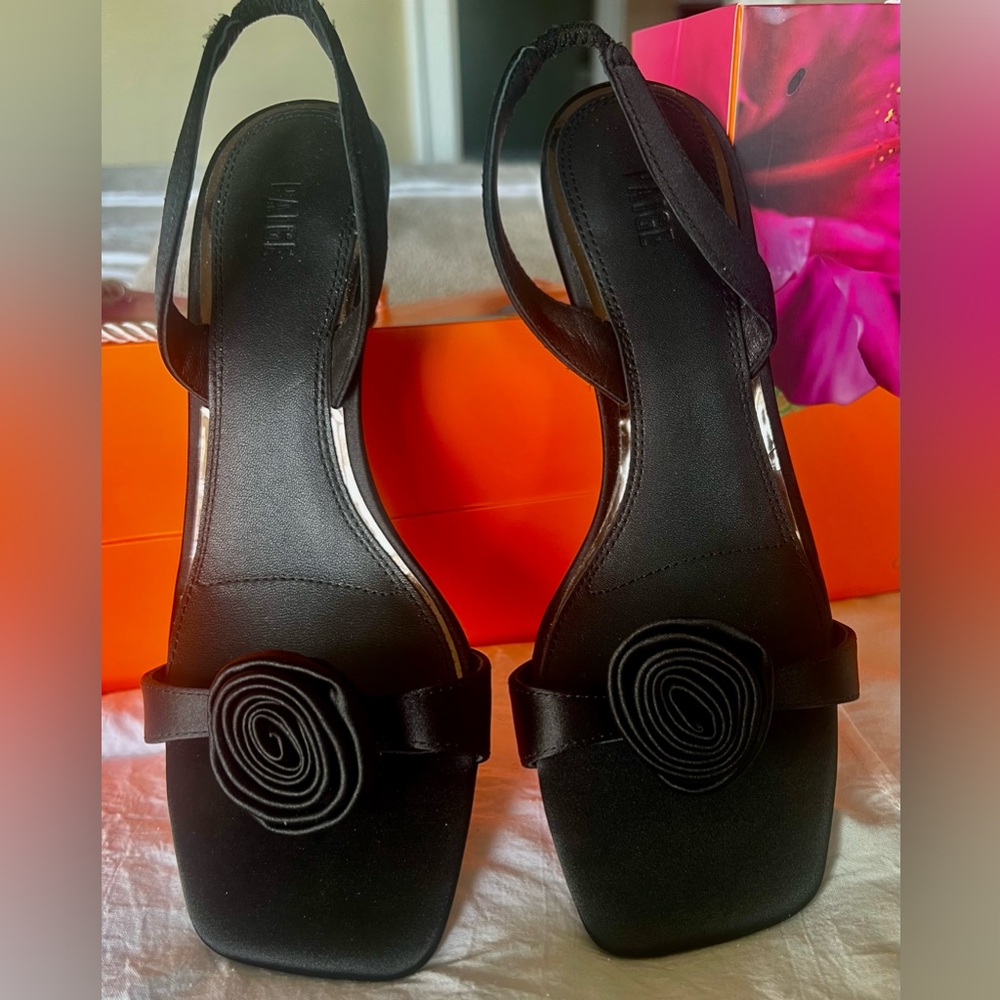 PAIGE Black Heeled Sandals with Floral Accent